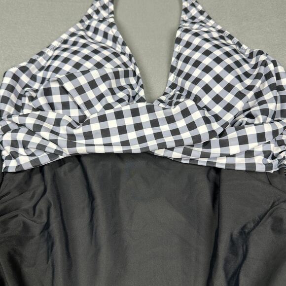 Womens Swimsuit Large Black and White Gingham Halter Tie Deep V Neck One Piece - Picture 8 of 9
